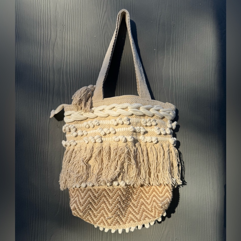 Boho Macrame Fringe Cotton Tote Bag